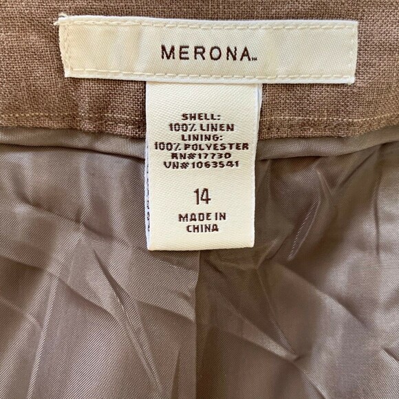Merona Linen Trousers Women 14 Career Lined Brown Straight Leg Sm Thin Stripe - Picture 6 of 7